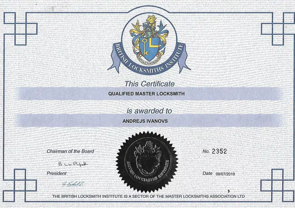 Andrew’s Qualified Master Locksmith certificate from the Master Locksmiths Association