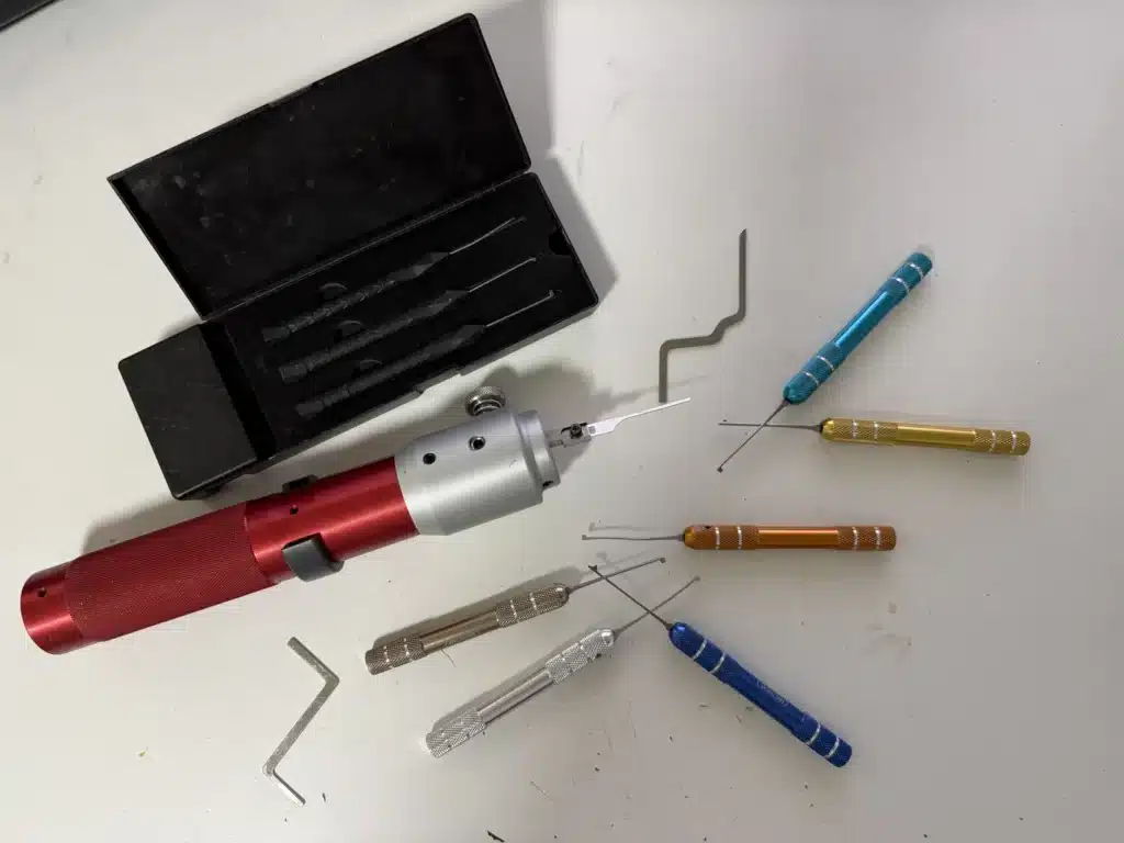 Lock pick gun and picks Andrew used in the Harrow Fire Station methods of entry training session
