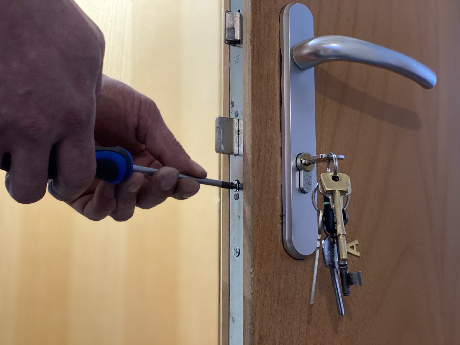 Andrew fitting an anti-snap euro cylinder during a lock change in Harrow