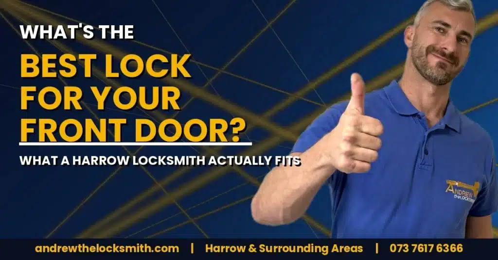 Andrew the Locksmith giving a thumbs up beside the title "What's the best lock for your front door?", Harrow