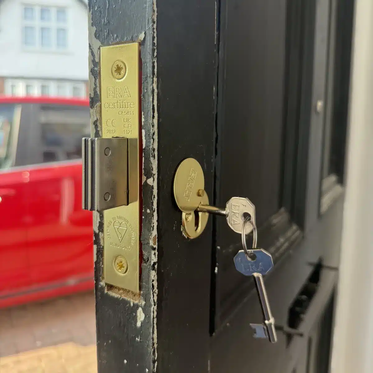 New ERA BS3621 British Standard mortice lock fitted to a timber front door