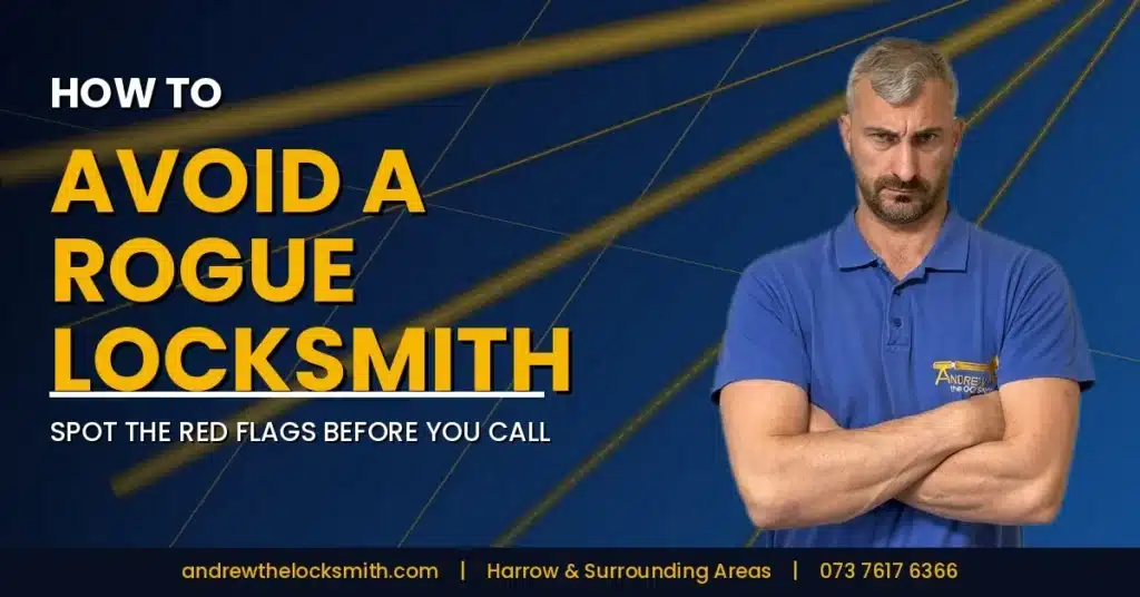 Andrew the Locksmith standing with arms folded beside the title "How to avoid a rogue locksmith", Harrow