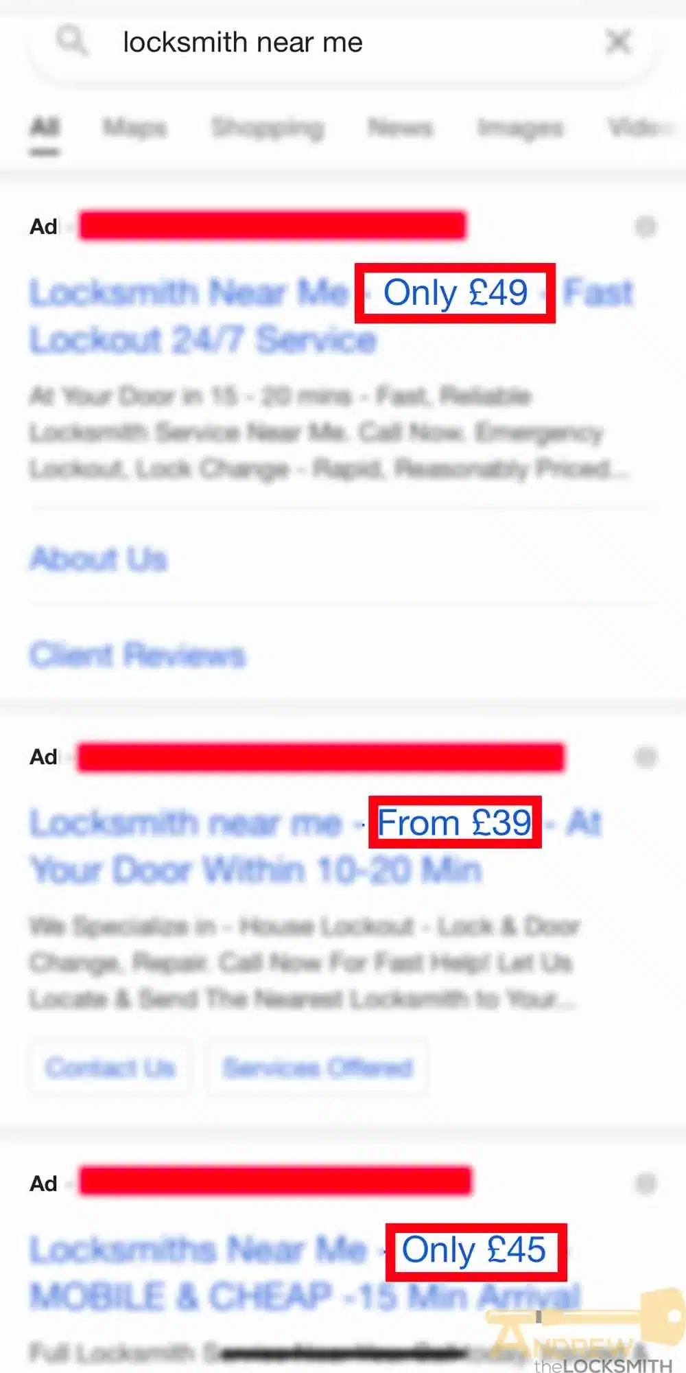 Google "locksmith near me" results showing ads advertising only £49, from £39 and only £45 call-outs