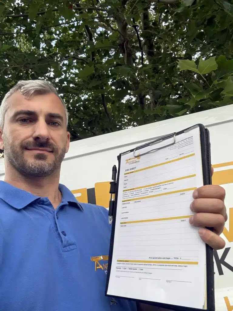 Andrew the Locksmith in Harrow holding his job sheet, showing the price agreed before work begins