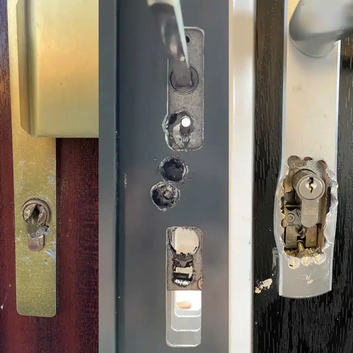 A euro cylinder lock drilled badly in the wrong places by a rogue locksmith who did not understand how the lock works