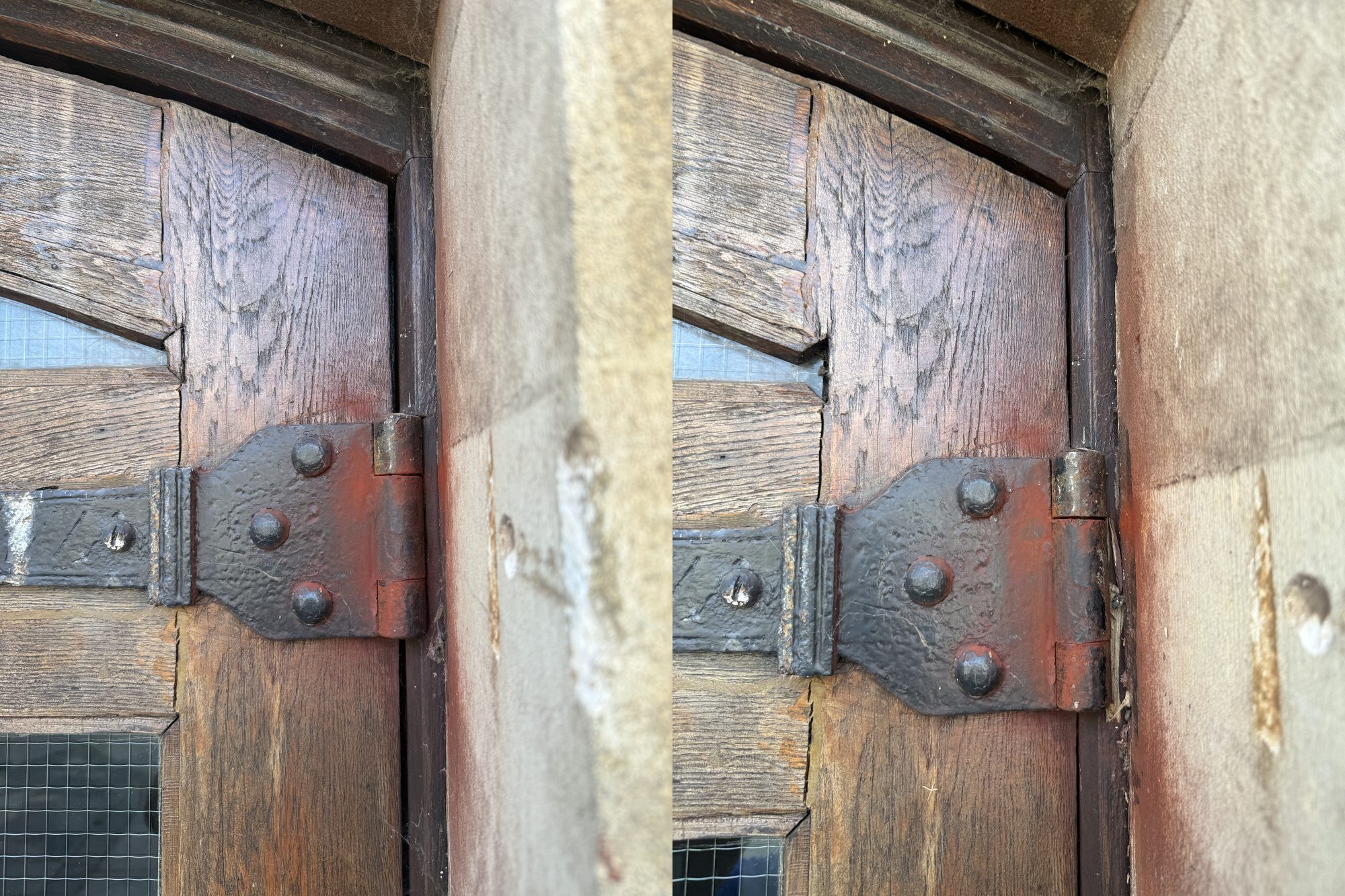 Before and after close up of the wrought iron strap hinge on a church door in Harrow after hinge adjustment