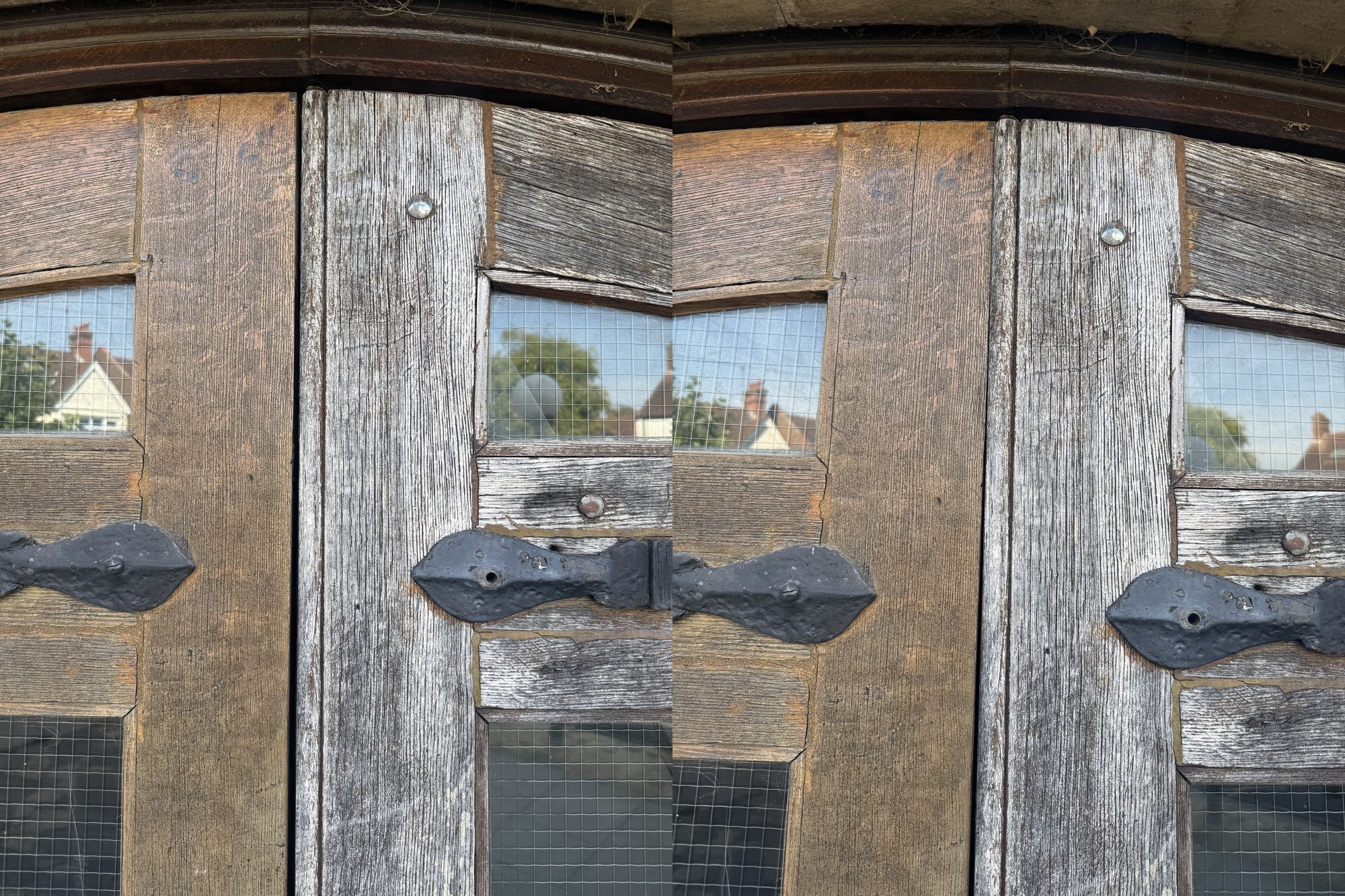Before and after realigning the timber doors at St Peter's Church in Harrow, showing the uneven gap between the doors closed up
