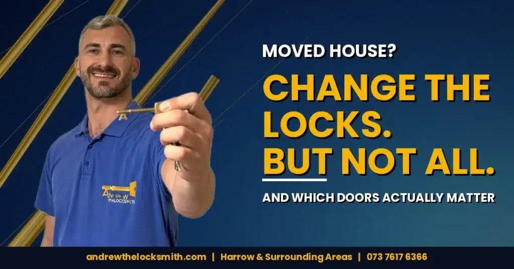 Andrew the Locksmith holding a key beside the words "Moved house? Change the locks. But not all."
