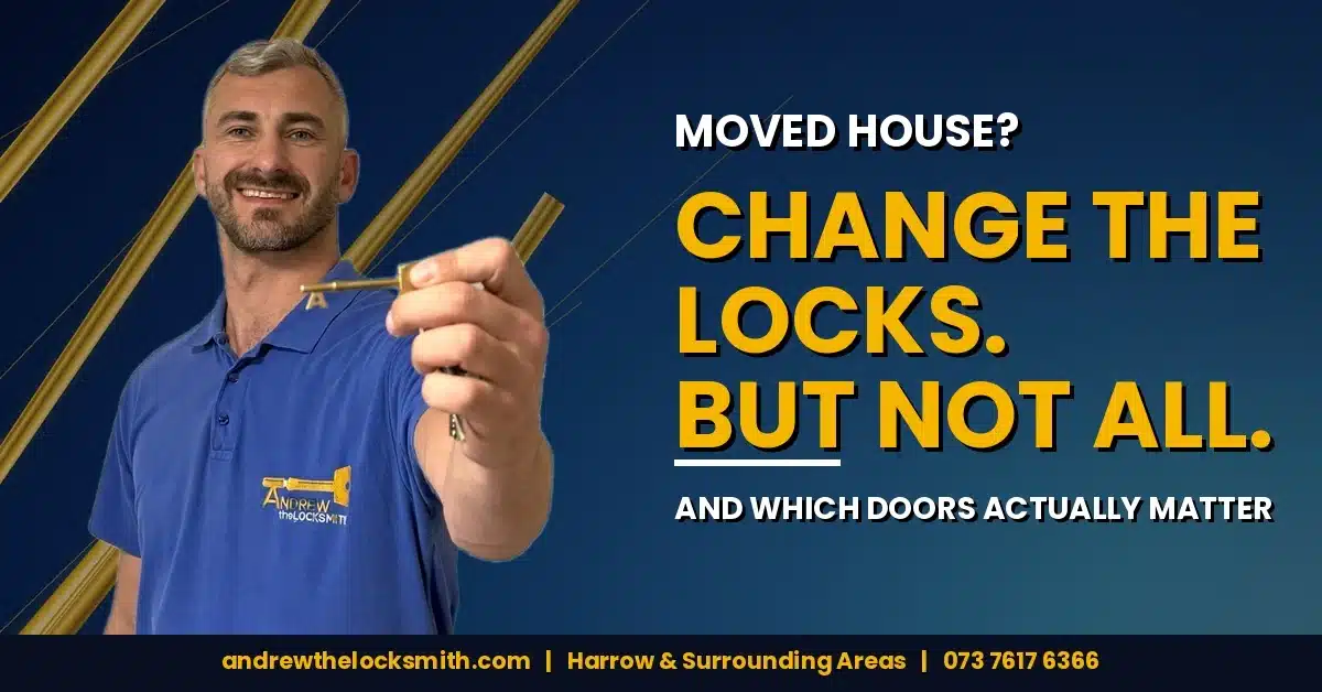 Andrew the Locksmith holding a key beside the words "Moved house? Change the locks. But not all."