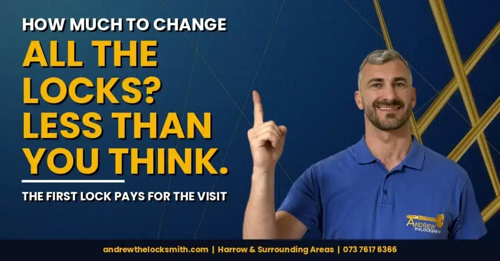 Andrew the Locksmith holding up one finger beside the question "How much to change all the locks?"
