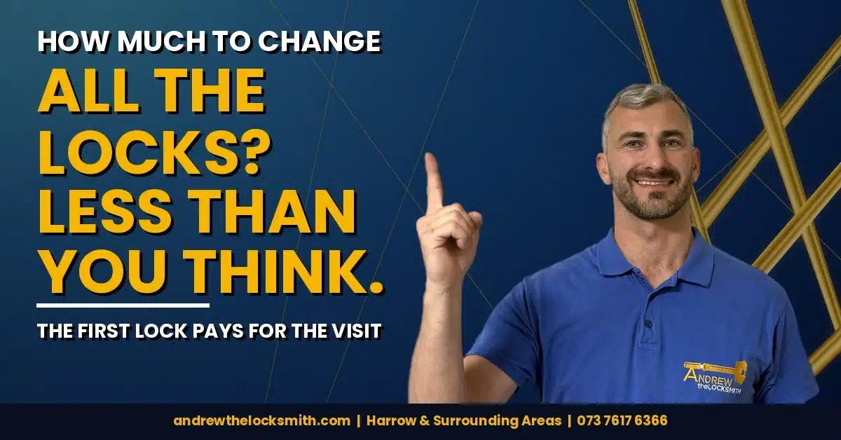Andrew the Locksmith holding up one finger beside the question "How much to change all the locks?"